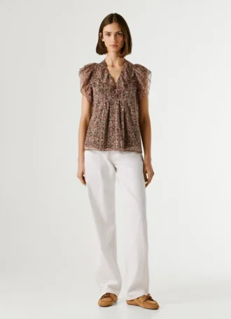 Blusa con cuello en V y volantes