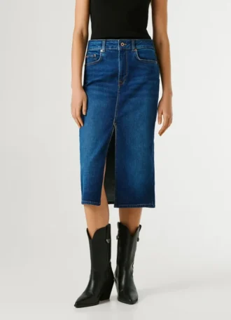 Falda midi de denim de corte ajustado