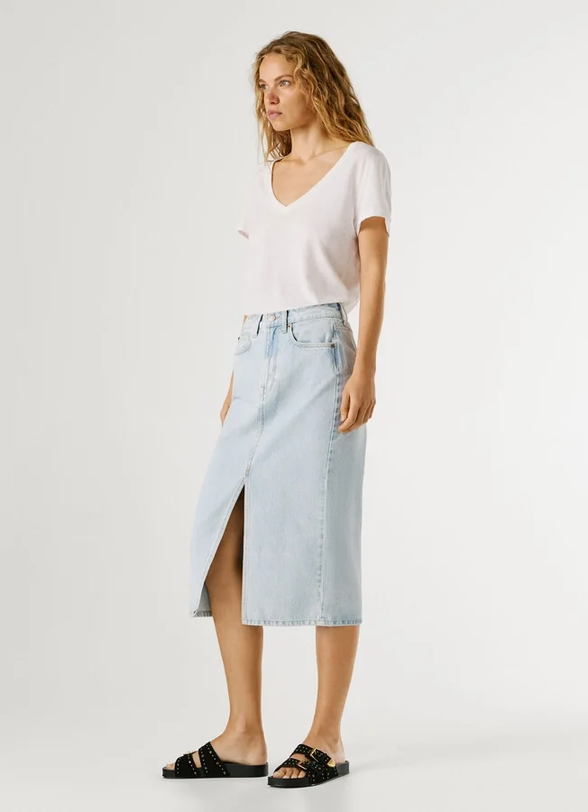 Falda midi de denim de corte ajustado Falda midi de denim de corte ajustado