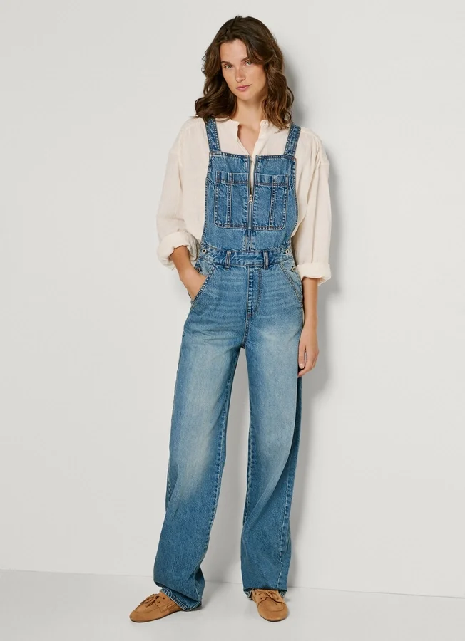 Peto largo de denim de corte regular Peto largo de denim de corte regular