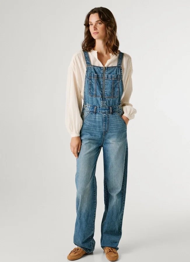 Peto largo de denim de corte regular Peto largo de denim de corte regular