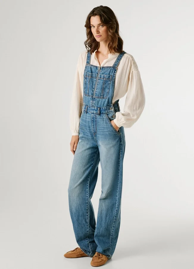 Peto largo de denim de corte regular Peto largo de denim de corte regular