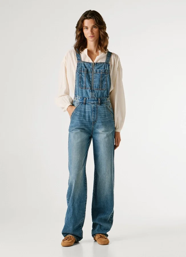 Peto largo de denim de corte regular Peto largo de denim de corte regular