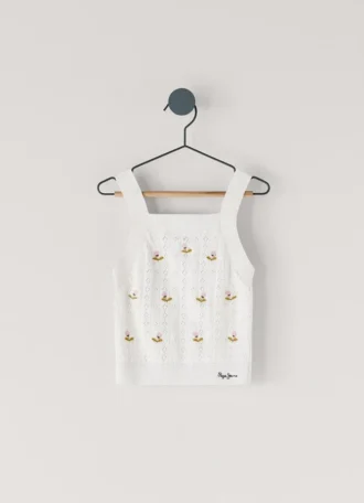 Top de punto calado con flores bordadas